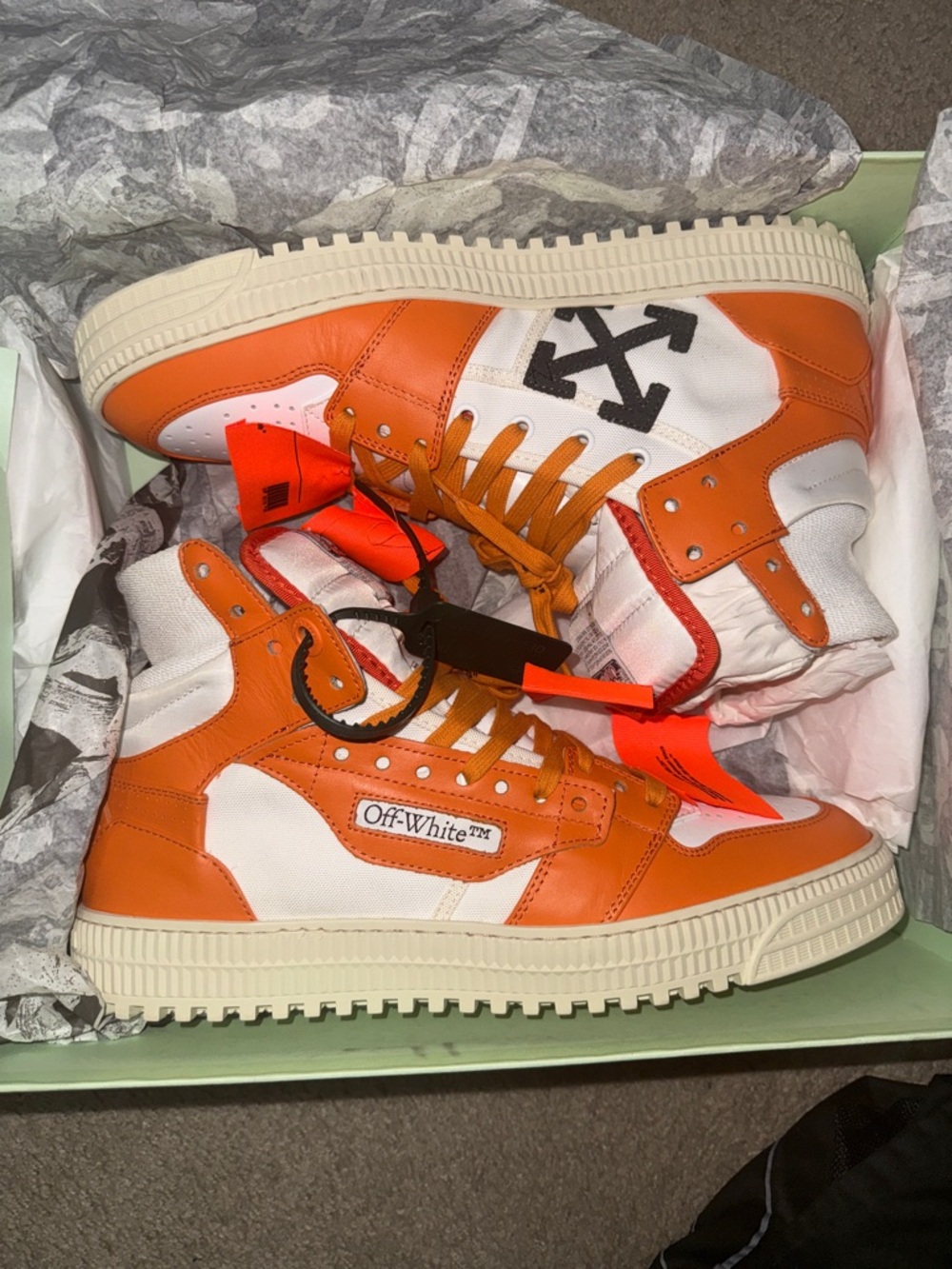 Off-White Mens Orange & White High-Top Sneakers with Black Logo